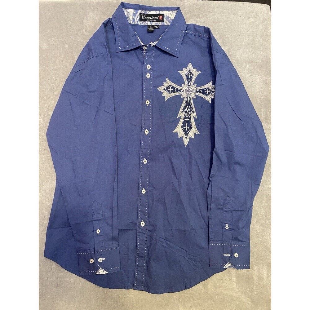 Y2K Vintage Cross Victorious Los Angeles Men Size L  Button Up Blue